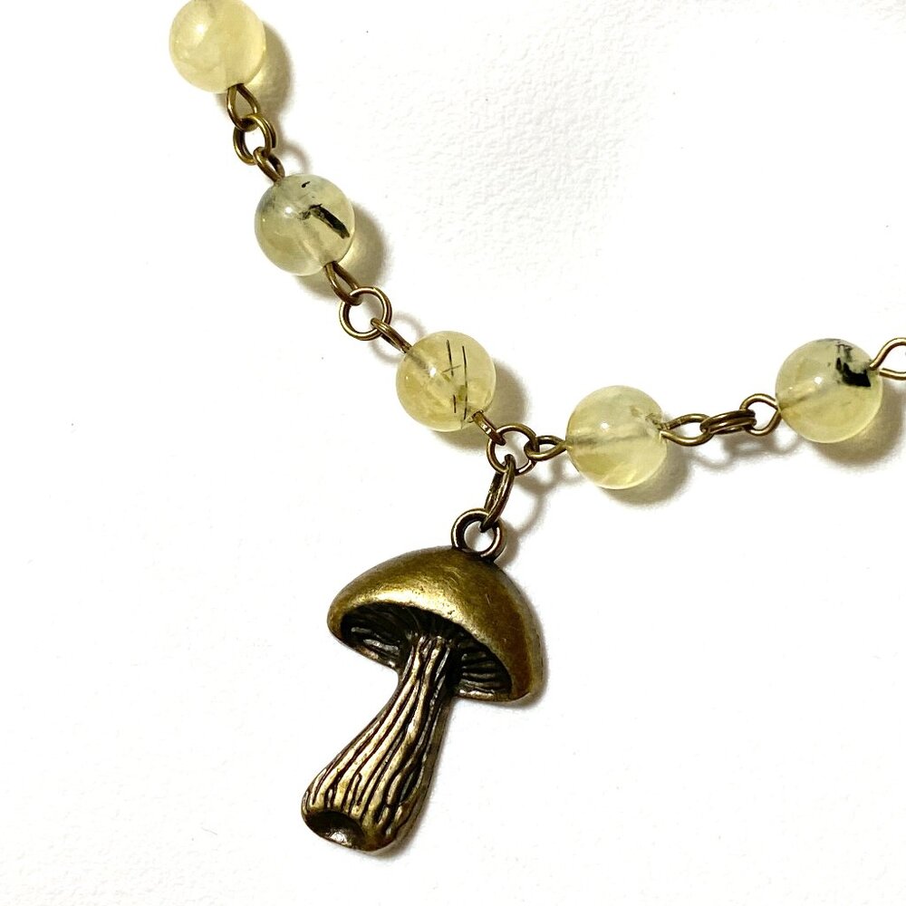 Natural Yellow Green Prehnite Necklace, Bronze Slim Mushroom + Genuine Gemstone